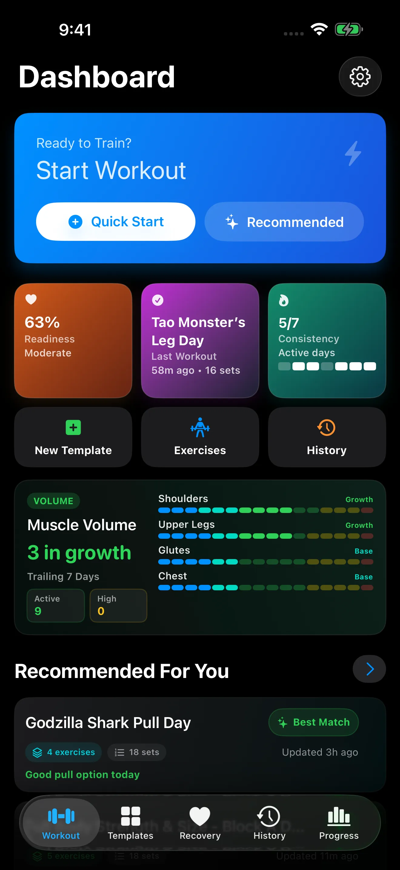 4M Lift dashboard with quick start, readiness, consistency, and muscle volume cards